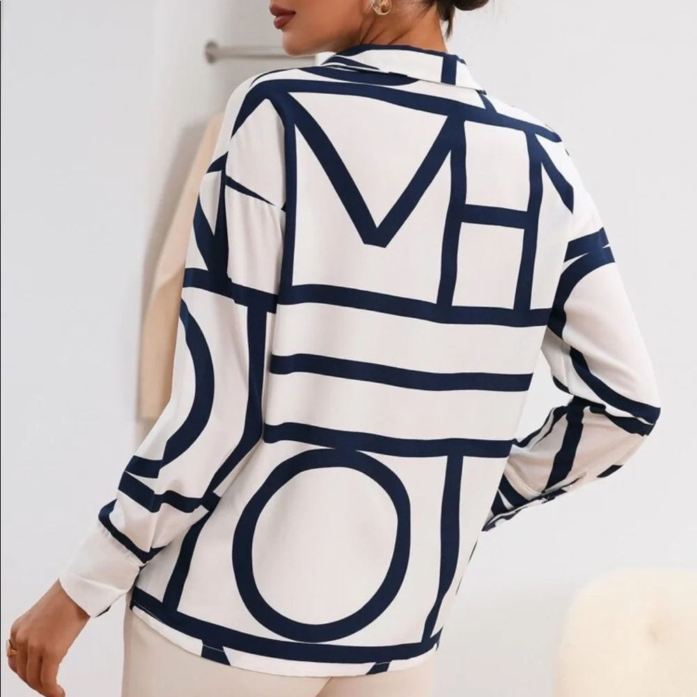 Elegant Abstract Geo Loose Relaxed Fit Print Button Down Shirt - Picture 8 of 16